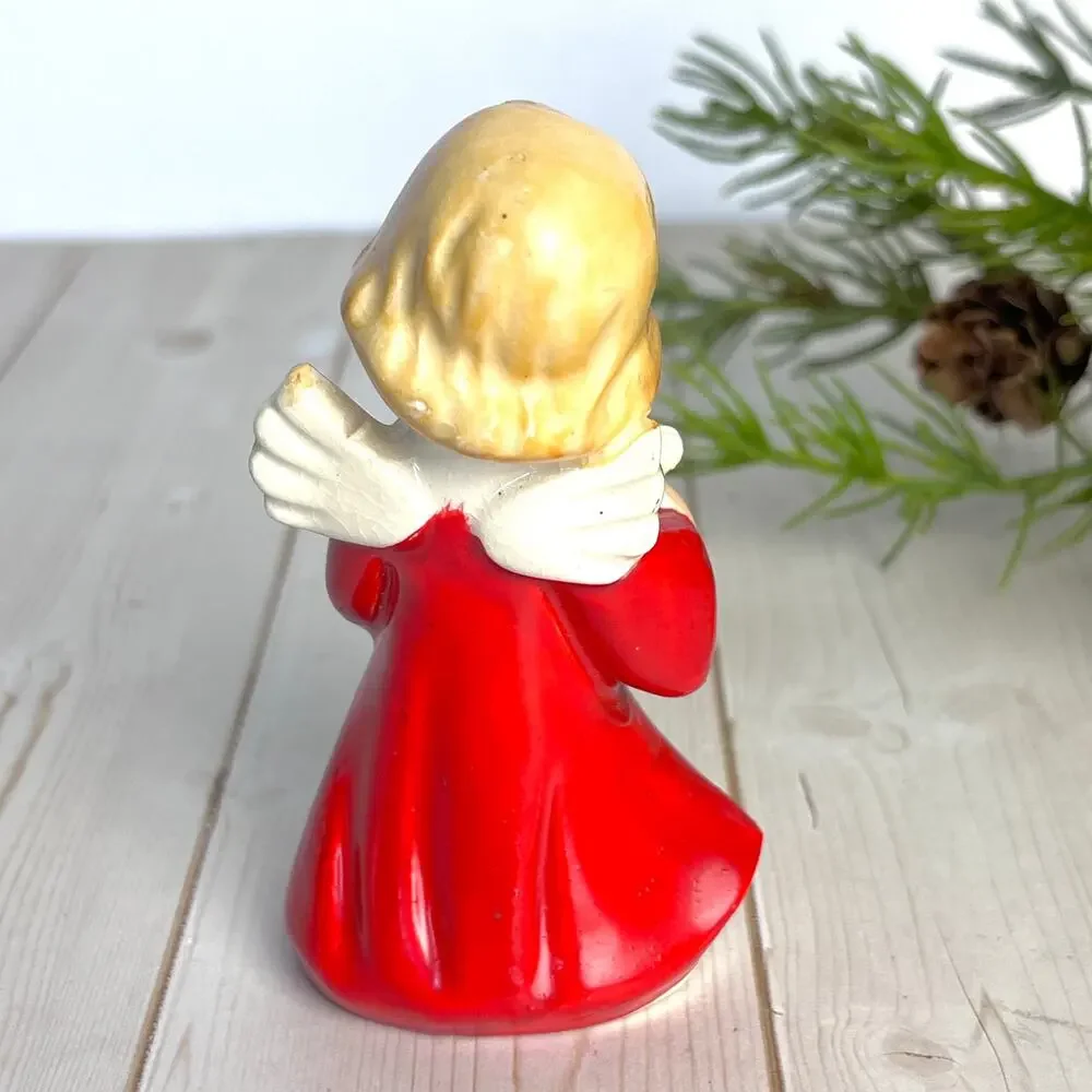 Vintage 1950-60s Porcelain Christmas Angel Red Dress Gold Star 3.5